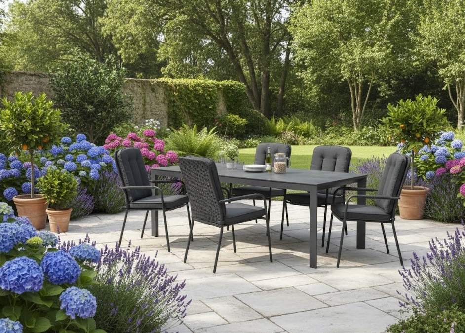 Set Venice zwart (6) met Bianca 220 x 100 cm tafel