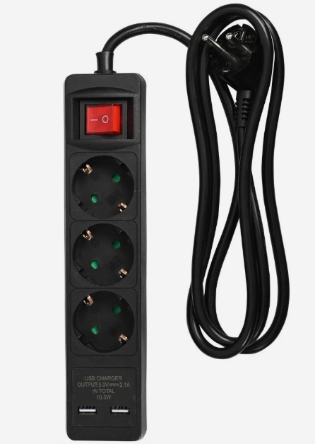 Stekkerdoos 3-weg 2 xUSB 1.5 mtr